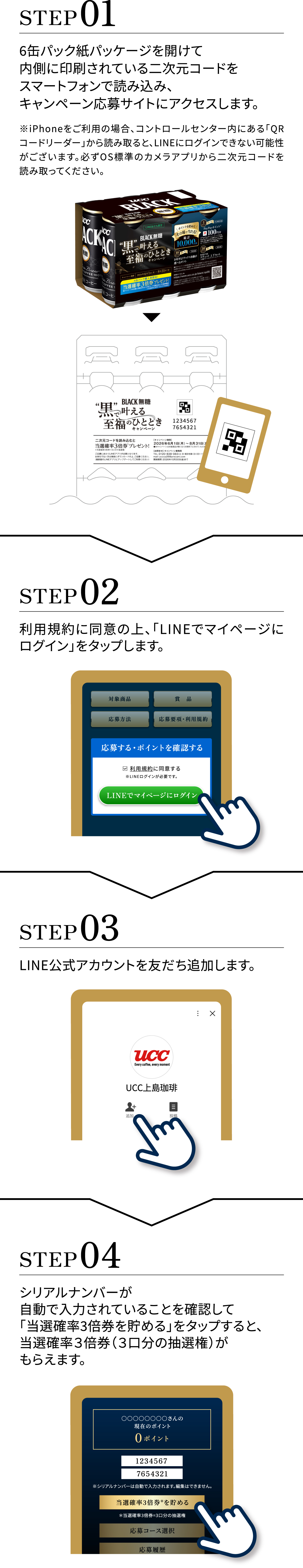 カートン内側にある二次元コードを読み込みサイトにアクセス。LINEで友だち追加します。